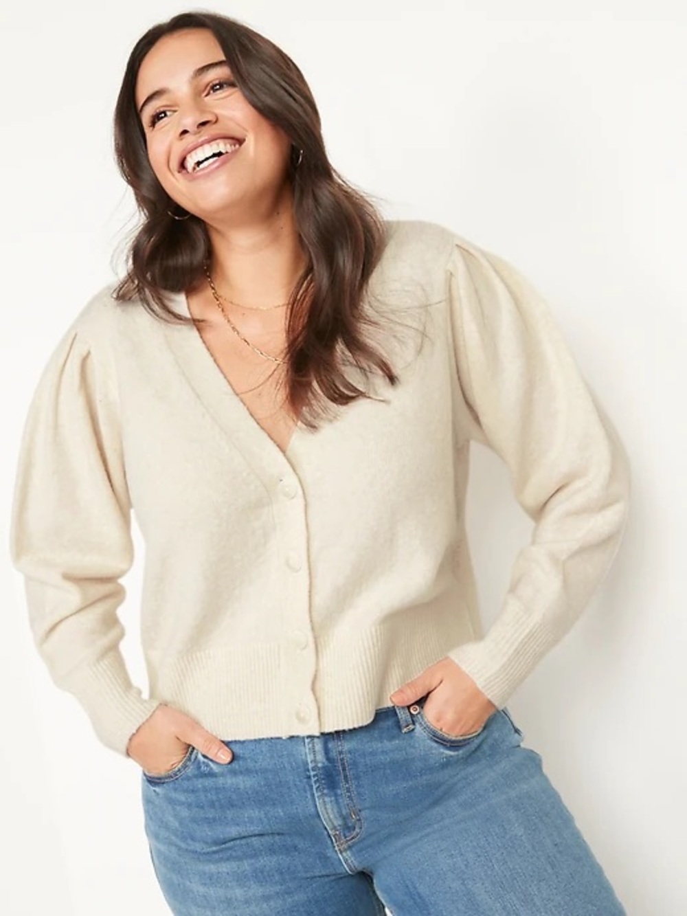 Old Navy Cream Button Front Cardigan Women’s L Puff Sleeve Cozy Knit Sweater